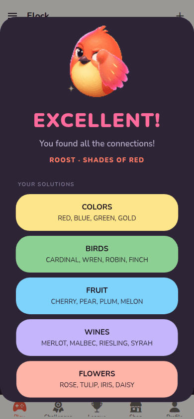 Flock win screen showing all five solved groups