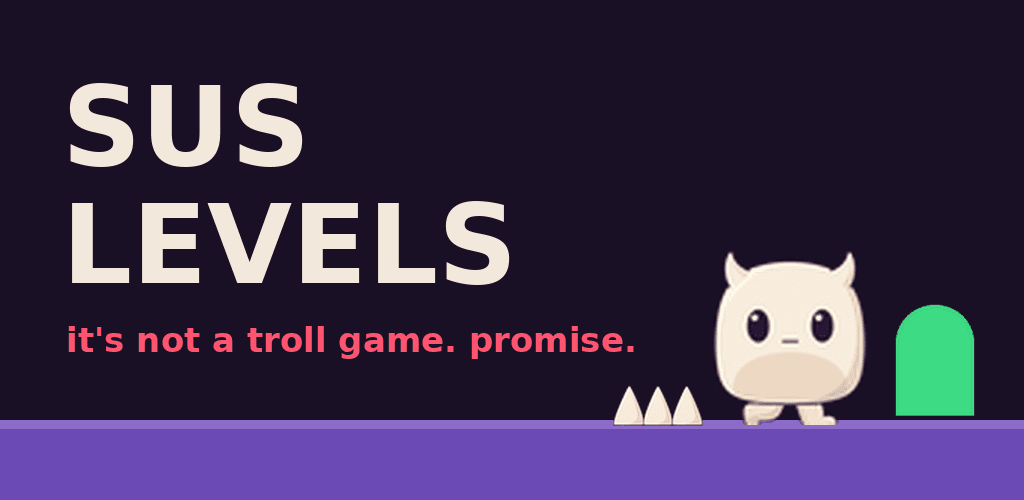 Sus Levels key art: a small horned creature walking toward spikes and a green door